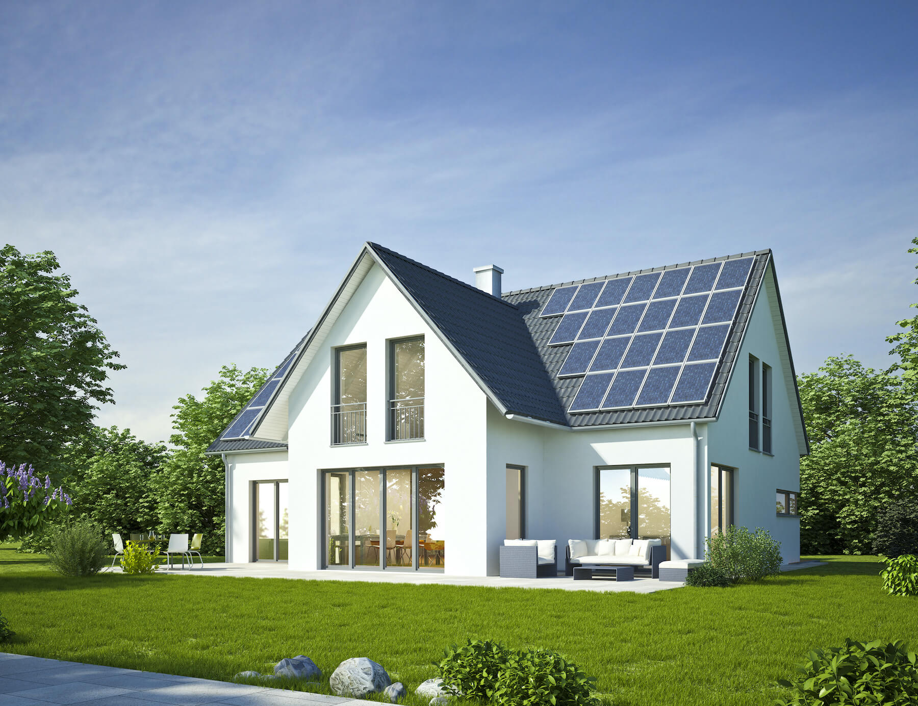 Modern white house with solar panels
