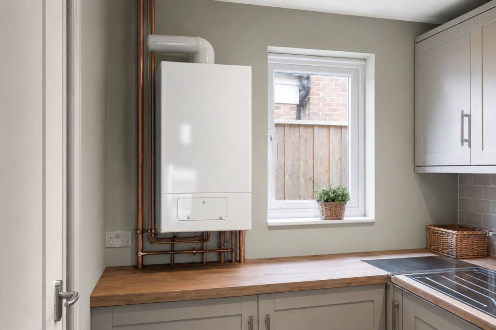 Traditional gas boiler installed in modern British utility room with natural daylight and clean interior design
