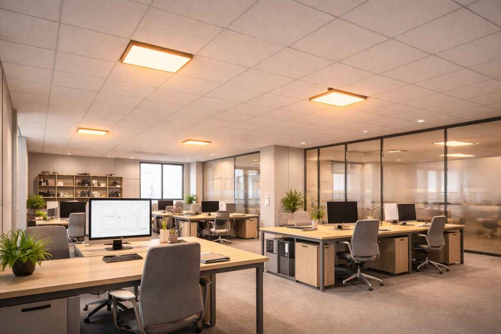 infrared heating system installed in commercial office ceiling for energy efficient workspace heating