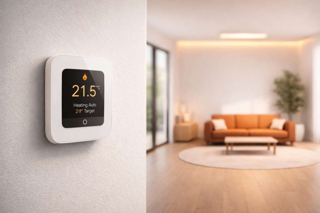 Smart thermostat controlling infrared home heating system mounted on wall in modern minimalist living room with warm ambient lighting.