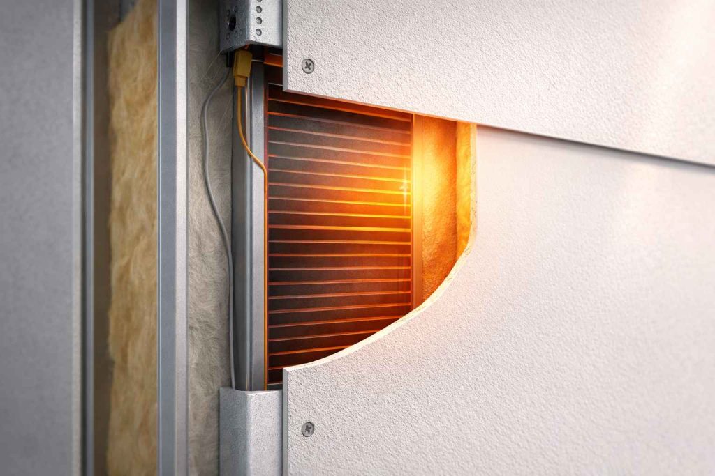Ultra thin carbon film infrared heating installed behind plasterboard wall shown in architectural cutaway with insulation and heating layer detail.