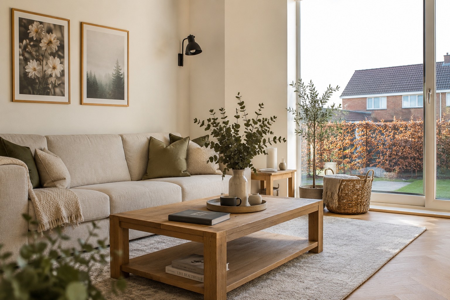 Bright modern UK living room with natural daylight, neutral interior design and comfortable warm atmosphere without visible heating system
