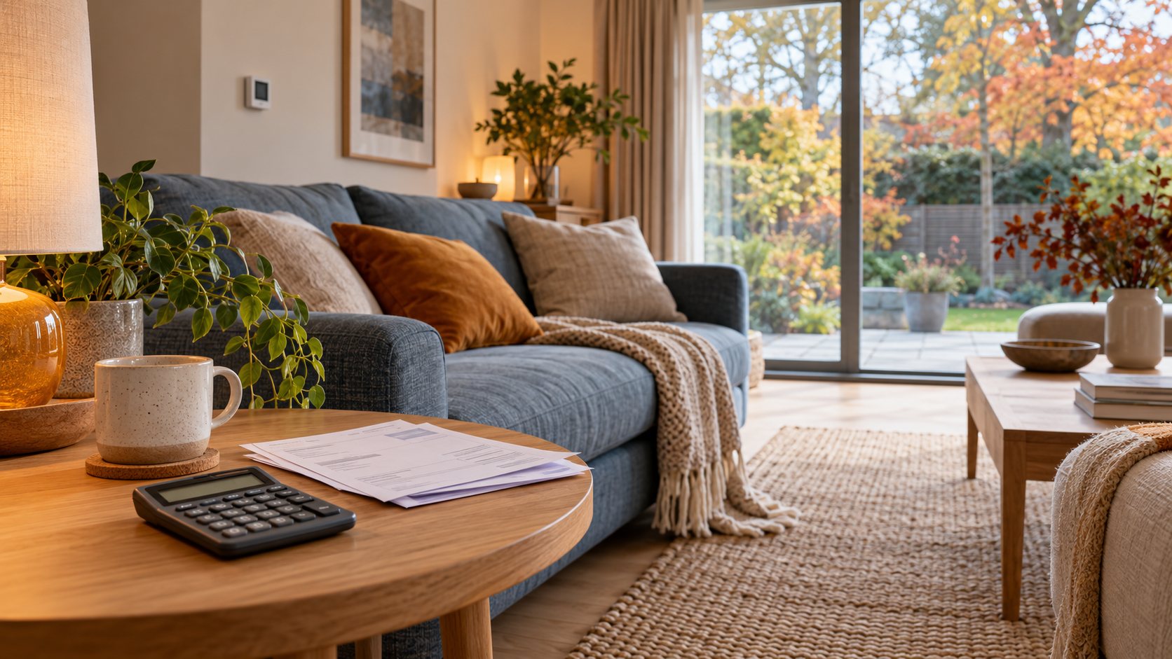 Illustrative modern living room with a calculator and household energy paperwork on an oak table