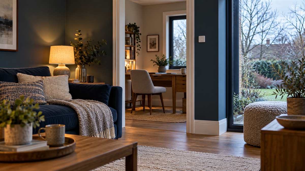 Winter living room with a navy sofa, wall thermostat and adjoining home office