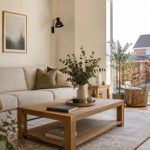 Bright modern UK living room with natural daylight, neutral interior design and comfortable warm atmosphere without visible heating system