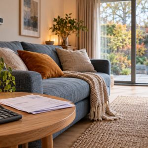 Illustrative modern living room with a calculator and household energy paperwork on an oak table