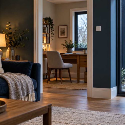 Winter living room with a navy sofa, wall thermostat and adjoining home office